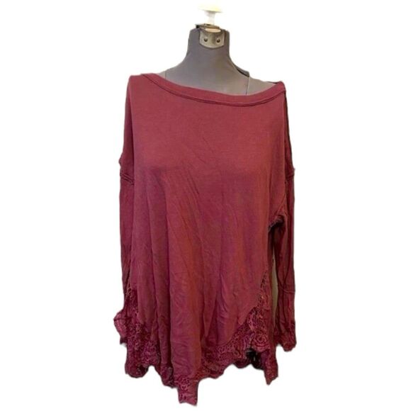 Free People Slouchy Tunic Small Smokey Wings Shirred Hem Crochet Dolman maroon - Picture 1 of 6